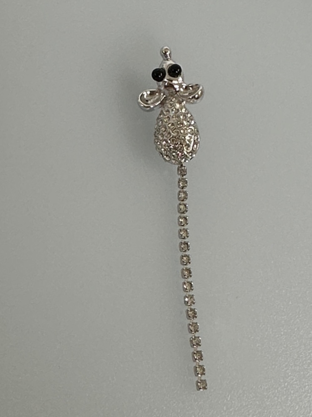 Vintage Silver Crystal mouse Drop Brooch with Onix Eyes